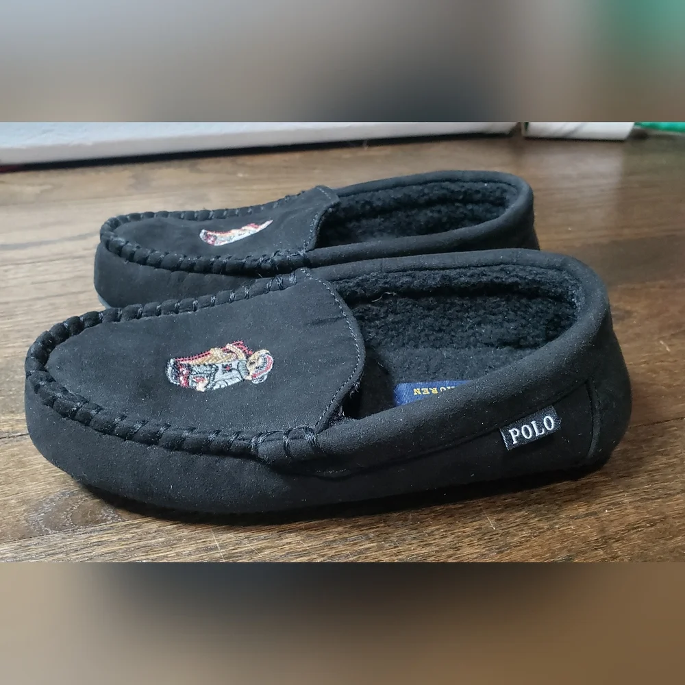 Polo Ralph Lauren Polo Bear Kids Slippers Moccasins Black Size 4Y